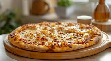 Delicious homemade cheese pizza on wooden table photo