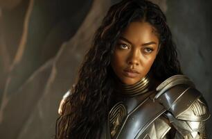 Confident female warrior in armor posing with a determined look photo