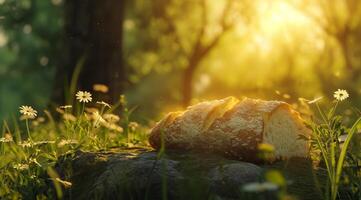 Fresh bread on a rock in a sunlit field photo