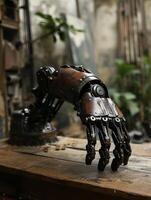 Futuristic robotic hand resting on a wooden table photo