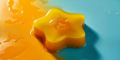 Vibrant star shaped object with liquid splashes on a colorful background photo