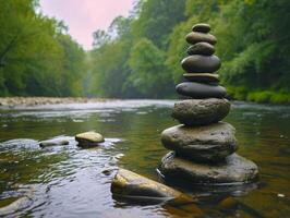 Zen Stones Balanced in a Tranquil River photo