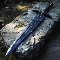 Fantasy sword resting on a stone surface photo