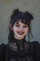 Smiling young woman in gothic attire photo