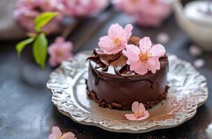 Elegant Chocolate Dessert Garnished with Pink Flowers photo