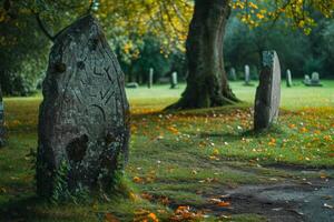Tranquil Cemetery Scene with Ancient Gravestones photo