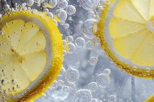 Fresh lemon slices submerged in sparkling water photo