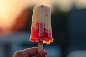 Hand holding a fruit popsicle against a sunset background photo
