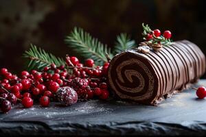 Festive Chocolate Yule Log Cake Decorated with Berries and Greenery photo