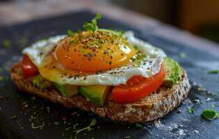 Healthy Avocado Toast with Egg and Tomatoes photo