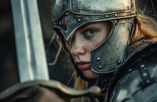 Medieval warrior woman in armor holding a sword photo