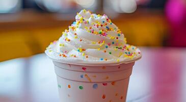 Colorful Sprinkles on Whipped Cream Topping a Cup of Dessert photo