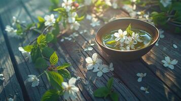Bowl of water with spring blossoms on a wooden surface photo