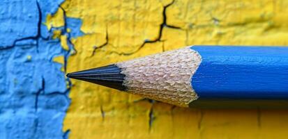 Close up of a blue pencil on a yellow background with peeling paint photo