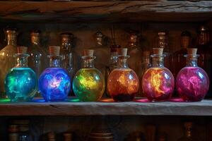 Colorful glowing potions on a mystical apothecary shelf photo