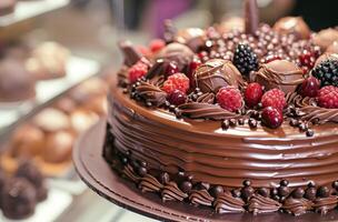 Decadent Chocolate Cake Adorned with Berries photo
