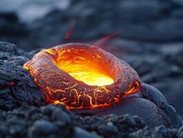Glowing Lava Flow in Volcanic Landscape photo