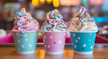 Colorful Soft Serve Ice Cream in Polka Dot Cups photo