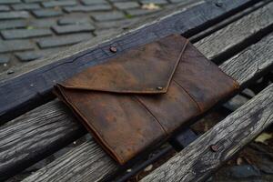 Vintage leather briefcase on a wooden bench photo
