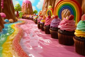 Colorful cupcakes on a whimsical candy landscape photo