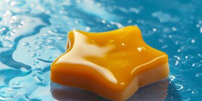 Yellow sponge floating on water surface photo