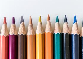 Row of Sharpened Colored Pencils Against a White Background photo