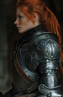 Redheaded warrior woman in medieval armor looking determined photo