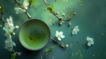 Ceramic Bowl and Spring Blossoms on a Rustic Surface photo