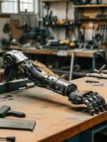 Robotic arm on a workbench in a high tech workshop photo