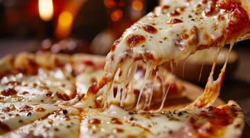 Delicious melted cheese on a freshly baked pizza slice photo