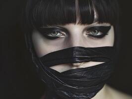 Portrait of a woman with dramatic makeup and covered mouth photo