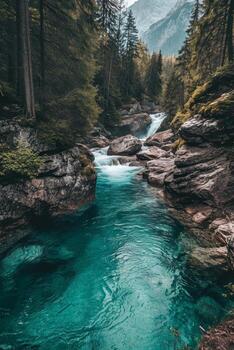 Serene Mountain River Flowing Through a Forest photo