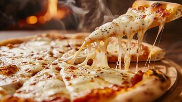 Hot cheesy pizza slice being lifted from a fresh pizza photo