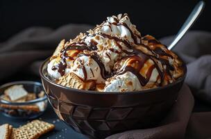 Delicious Sundae with Chocolate and Caramel Drizzle photo