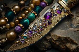 Elegant vintage jewelry with precious stones on a textured background photo