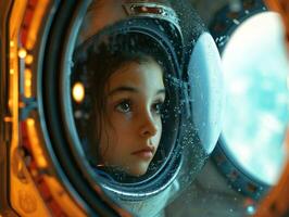 Young girl gazing through a window with water droplets photo