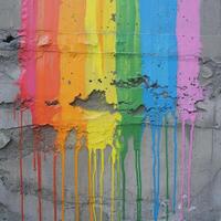 Colorful paint dripping on a gray concrete wall photo
