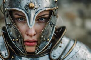 Close up of a Woman in Medieval Armor Looking Intently photo