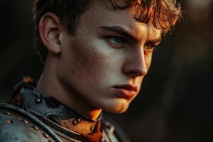 Young medieval knight looking determined at sunset photo
