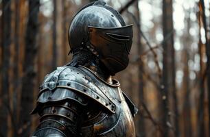 Medieval knight in armor standing in a forest photo