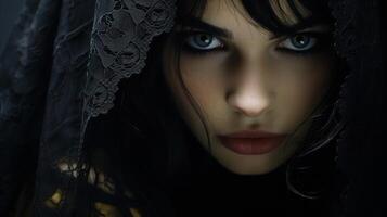 Mysterious woman with intense gaze under a lace veil photo