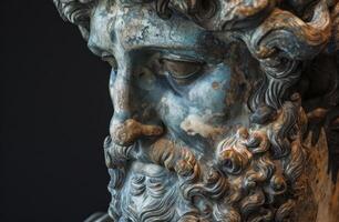 Close up of an Ancient Sculptures Face with Detailed Texture photo