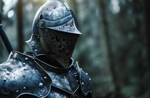 Medieval knight in armor standing in a forest photo