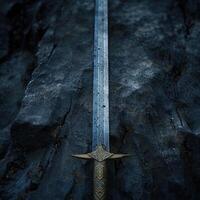 Medieval sword embedded in rock photo