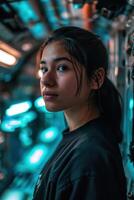 Young woman in a futuristic setting with neon lights photo
