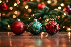 Festive Christmas Ornaments on a Shiny Surface with Blurred Lights in the Background photo