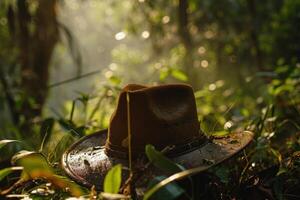 Adventure hat in a mystical forest setting photo