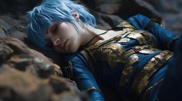 Cosplayer in fantasy armor resting on rocks photo