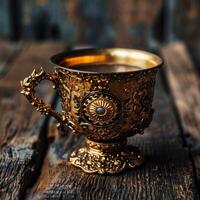 Vintage ornate cup on a rustic wooden background photo