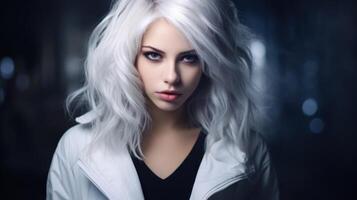 Mysterious woman with silver hair in a moody urban setting photo